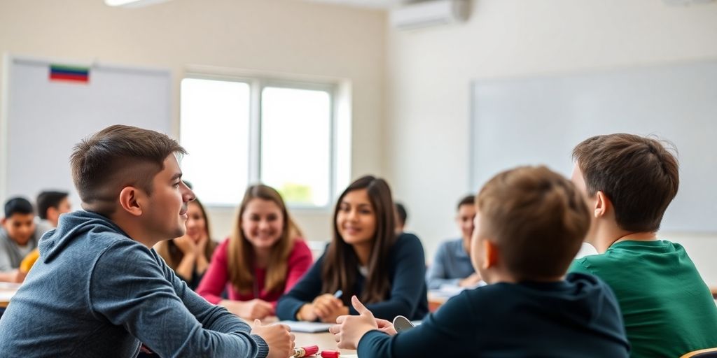 Un profesor discutând cu elevii într-o clasă.