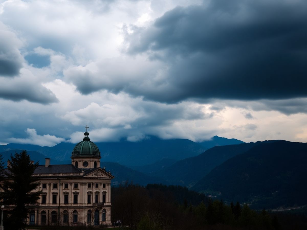 Peisaj românesc cu munți și cer furtunos.