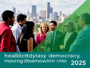 Persoane diverse discutând într-un cadru politic.