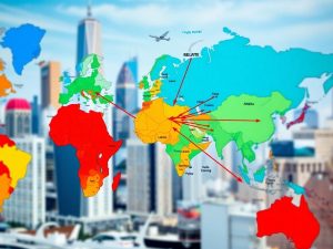 Hartă lumii cu simboluri geopolitice și relații internaționale.