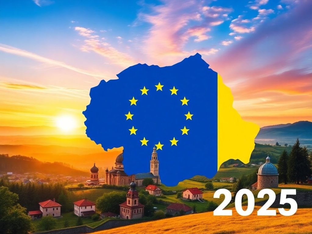 Rolul României în Uniunea Europeană: Provocări și Oportunități în 2025 1 Peisaj românesc cu simboluri ale Uniunii Europene.