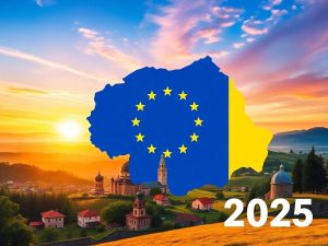 Peisaj românesc cu simboluri ale Uniunii Europene.