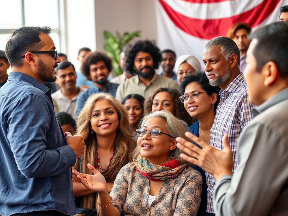 Oameni diversificați discutând despre ideologii politice.