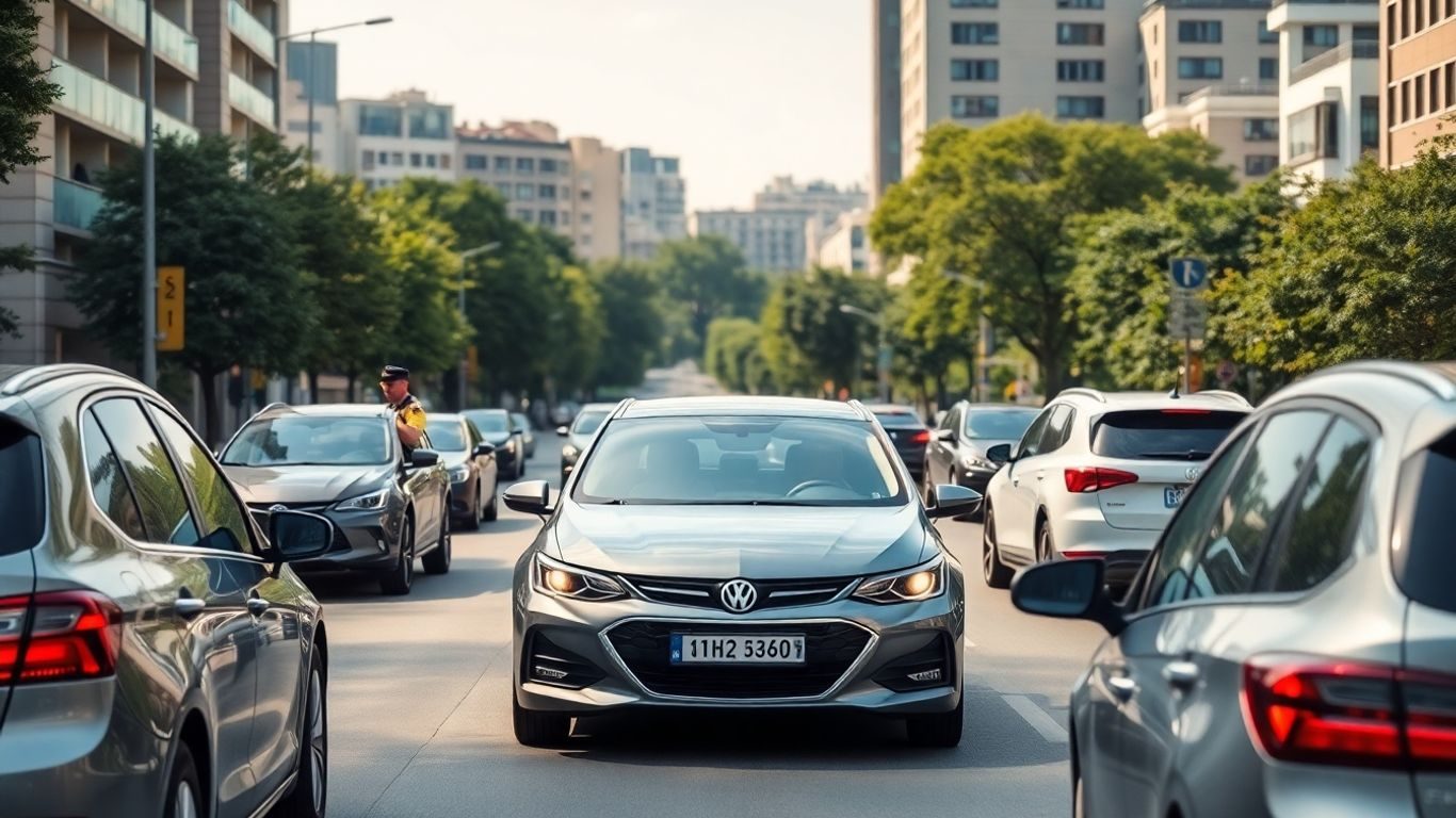 Polițist dirijează trafic intens pe stradă urbană