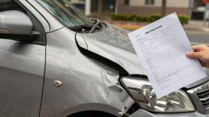 Mașină avariată și documente de despăgubire.